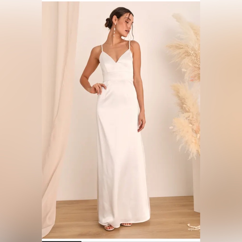 Ready For Forever White Satin Pearl Tie-Back Maxi Dress
